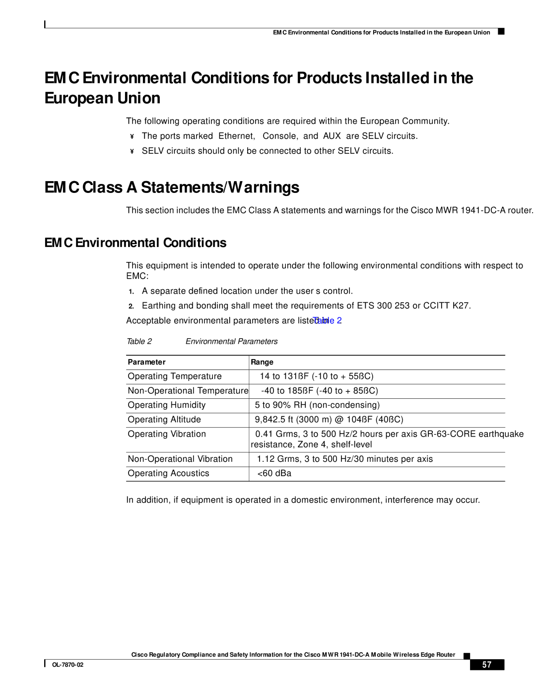 Cisco Systems OL-7870-02 manual EMC Class a Statements/Warnings, EMC Environmental Conditions 