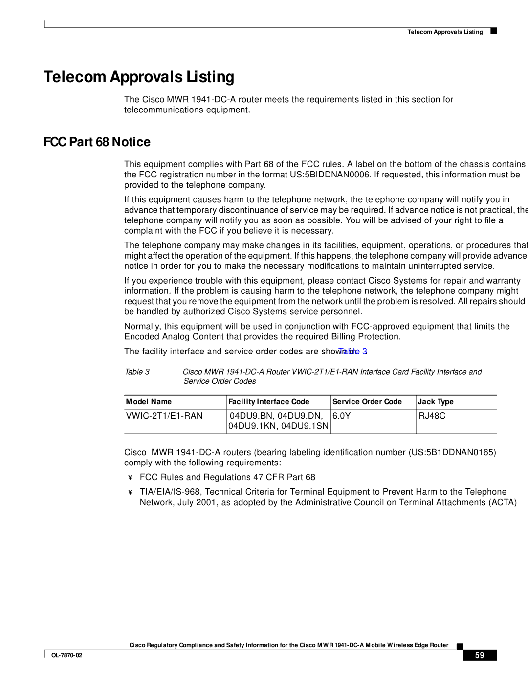 Cisco Systems OL-7870-02 manual Telecom Approvals Listing, FCC Part 68 Notice 