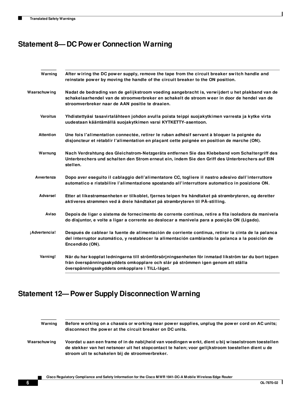 Cisco Systems OL-7870-02 manual Statement 8-DC Power Connection Warning, Statement 12-Power Supply Disconnection Warning 