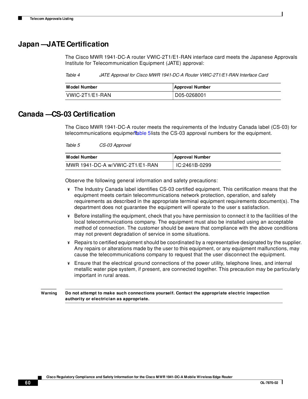 Cisco Systems OL-7870-02 manual Japan Jate Certification, Canada CS-03 Certification 