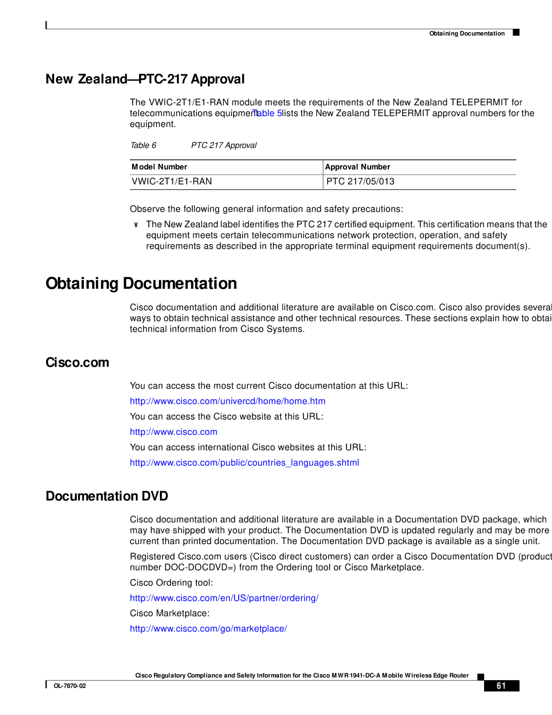 Cisco Systems OL-7870-02 manual Obtaining Documentation, New Zealand- PTC-217 Approval, Cisco.com, Documentation DVD 