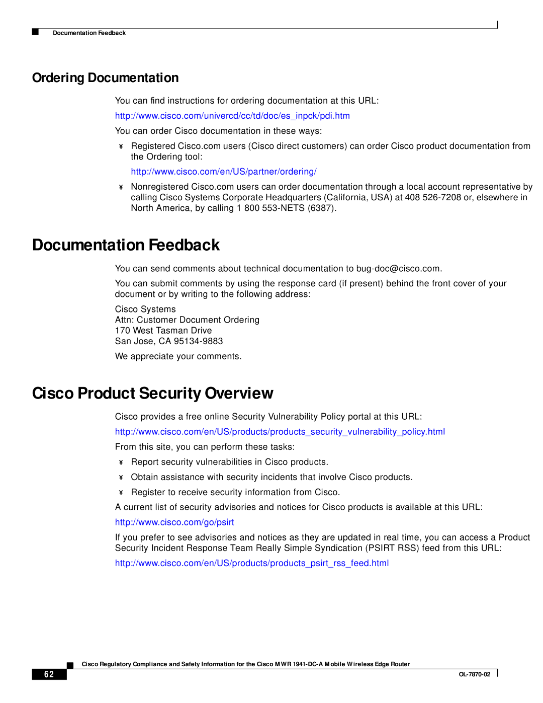 Cisco Systems OL-7870-02 manual Documentation Feedback, Cisco Product Security Overview, Ordering Documentation 