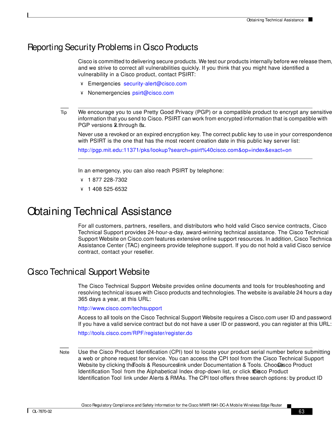 Cisco Systems OL-7870-02 manual Obtaining Technical Assistance, Reporting Security Problems in Cisco Products 