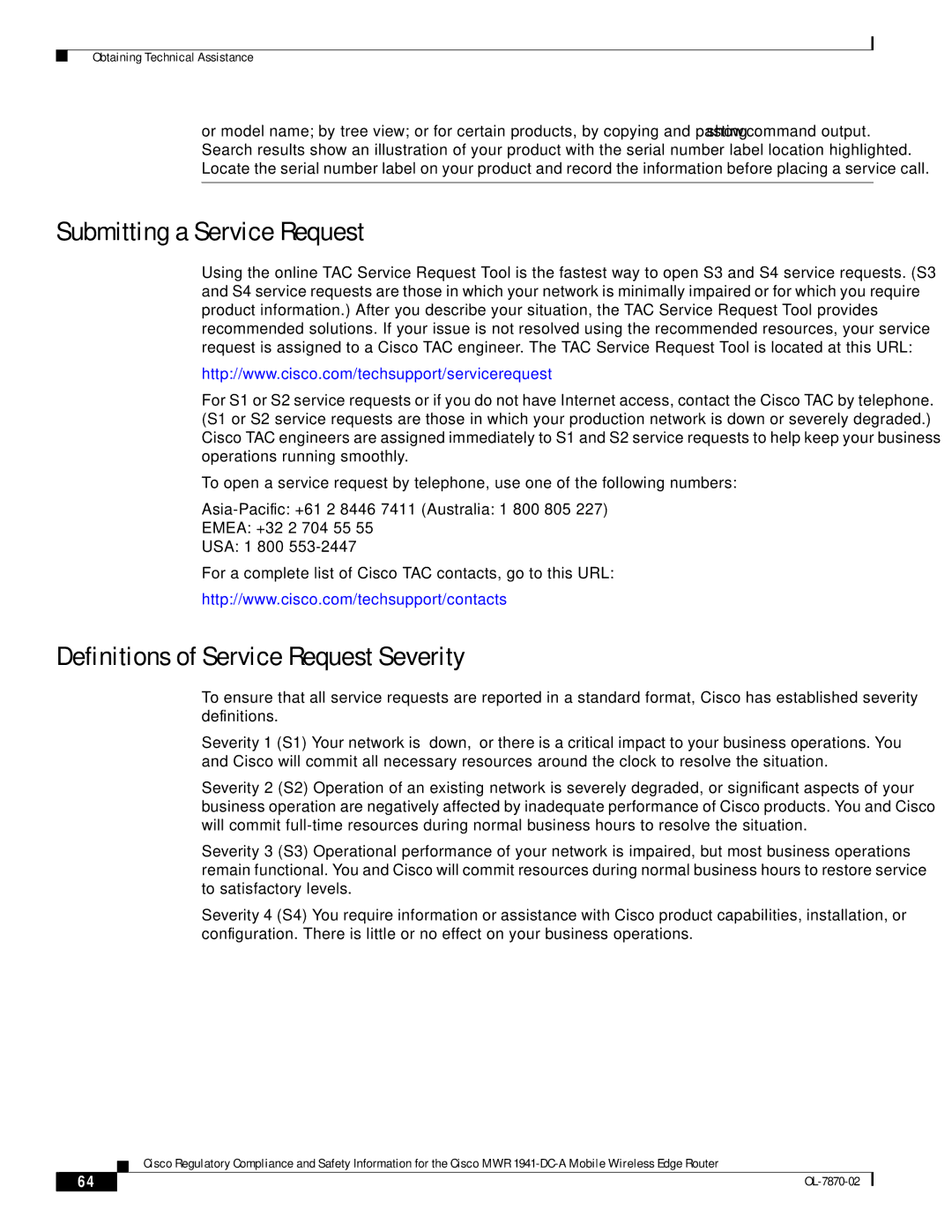 Cisco Systems OL-7870-02 manual Submitting a Service Request, Definitions of Service Request Severity 