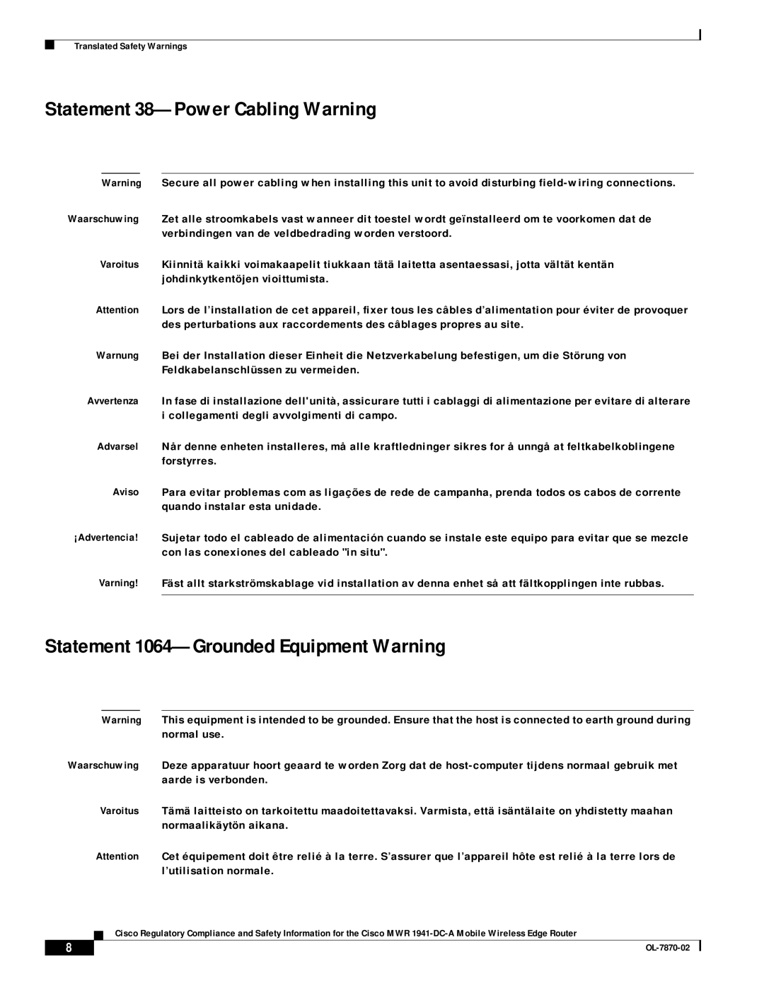 Cisco Systems OL-7870-02 manual Statement 38-Power Cabling Warning, Statement 1064-Grounded Equipment Warning 