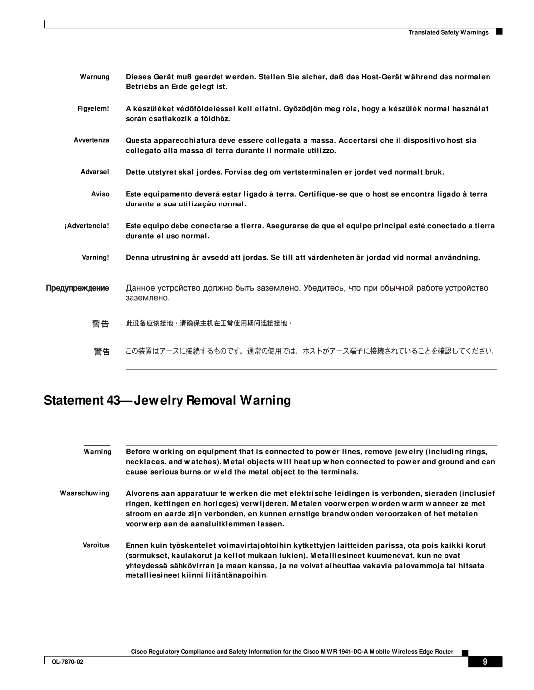 Cisco Systems OL-7870-02 manual Statement 43-Jewelry Removal Warning 