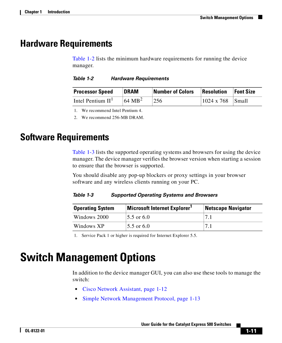 Cisco Systems OL-8122-01 manual Switch Management Options, Hardware Requirements, Software Requirements, Processor Speed 