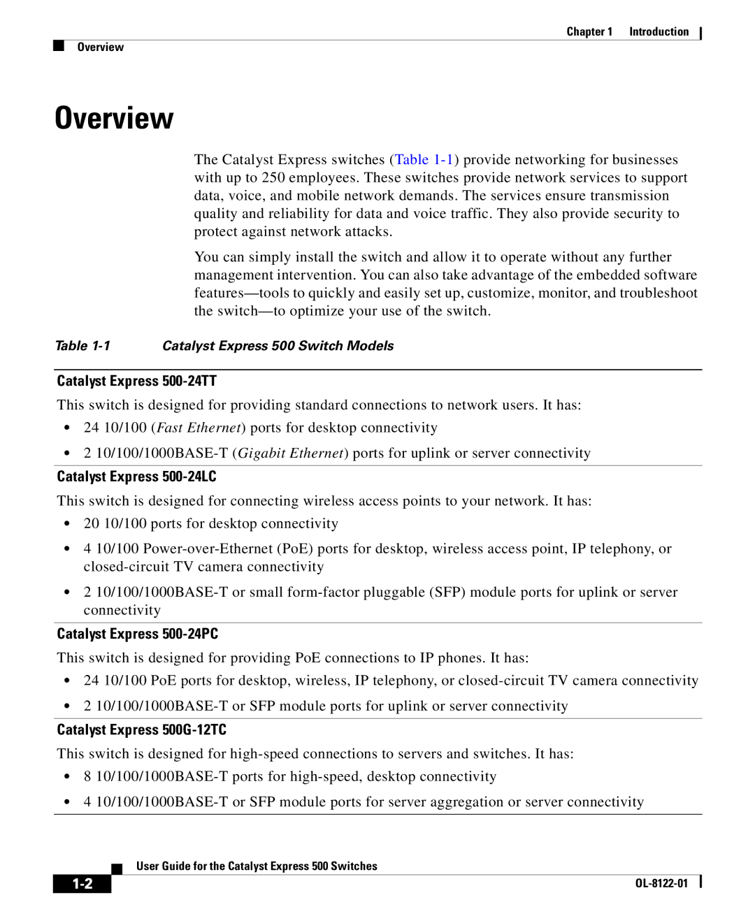 Cisco Systems OL-8122-01 manual Overview, Catalyst Express 500-24TT, Catalyst Express 500-24LC, Catalyst Express 500-24PC 