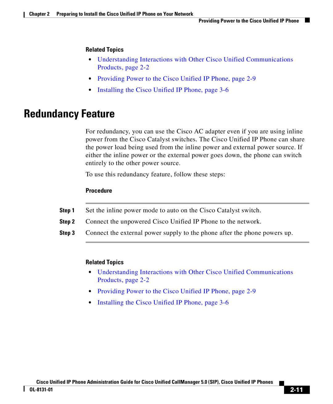 Cisco Systems OL-8131-01 manual Redundancy Feature, Procedure 