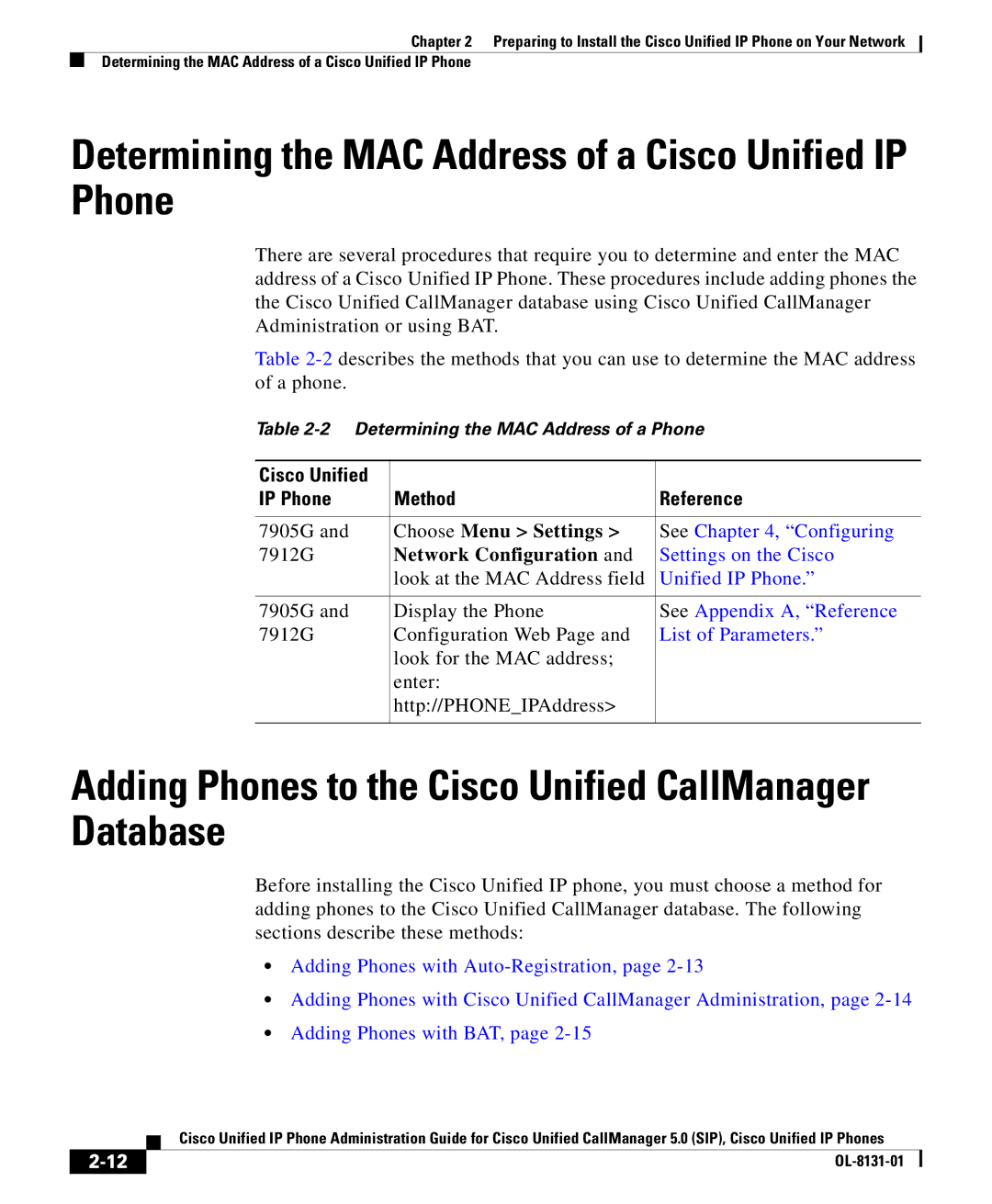 Cisco Systems OL-8131-01 Determining the MAC Address of a Cisco Unified IP Phone, Cisco Unified IP Phone Method Reference 