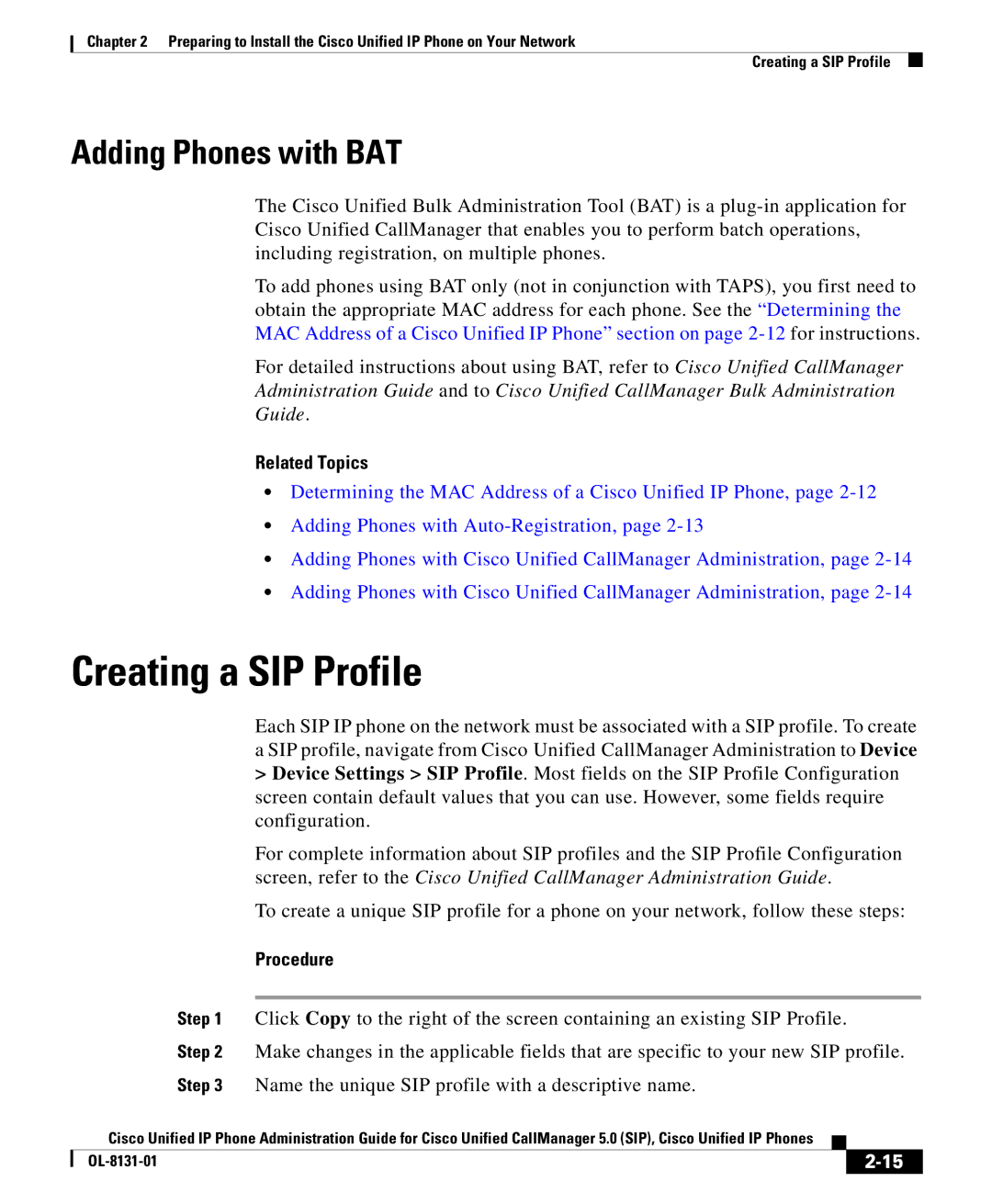 Cisco Systems OL-8131-01 manual Creating a SIP Profile, Adding Phones with BAT 