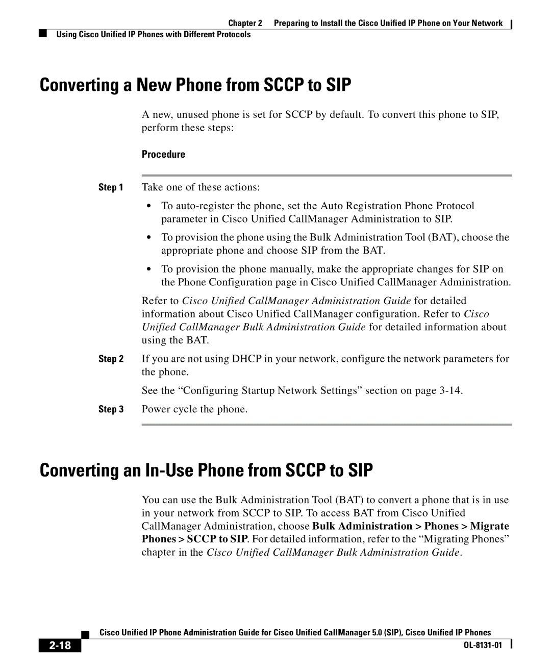 Cisco Systems OL-8131-01 manual Converting a New Phone from Sccp to SIP, Converting an In-Use Phone from Sccp to SIP 