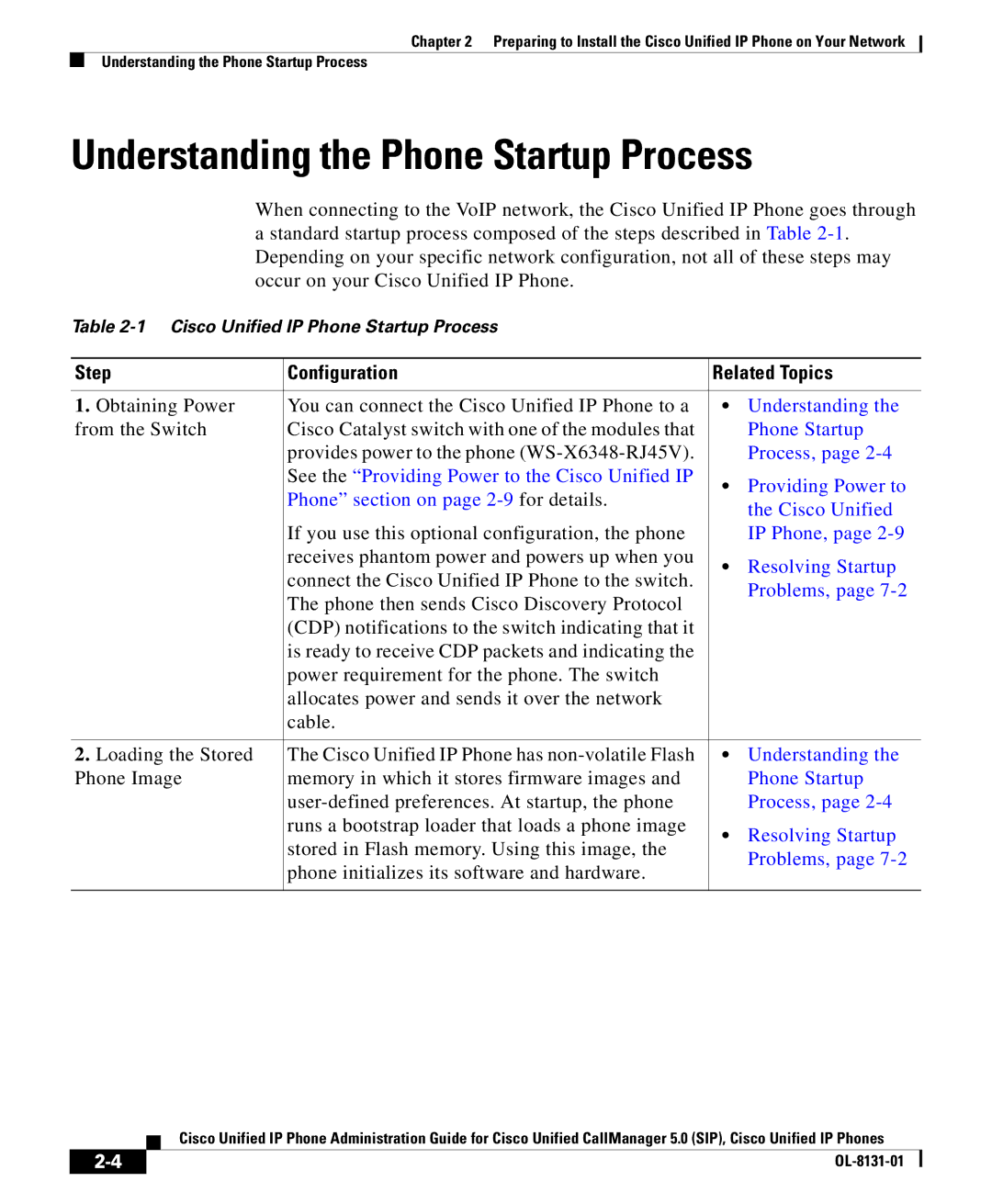 Cisco Systems OL-8131-01 manual Understanding the Phone Startup Process, Step Configuration Related Topics 