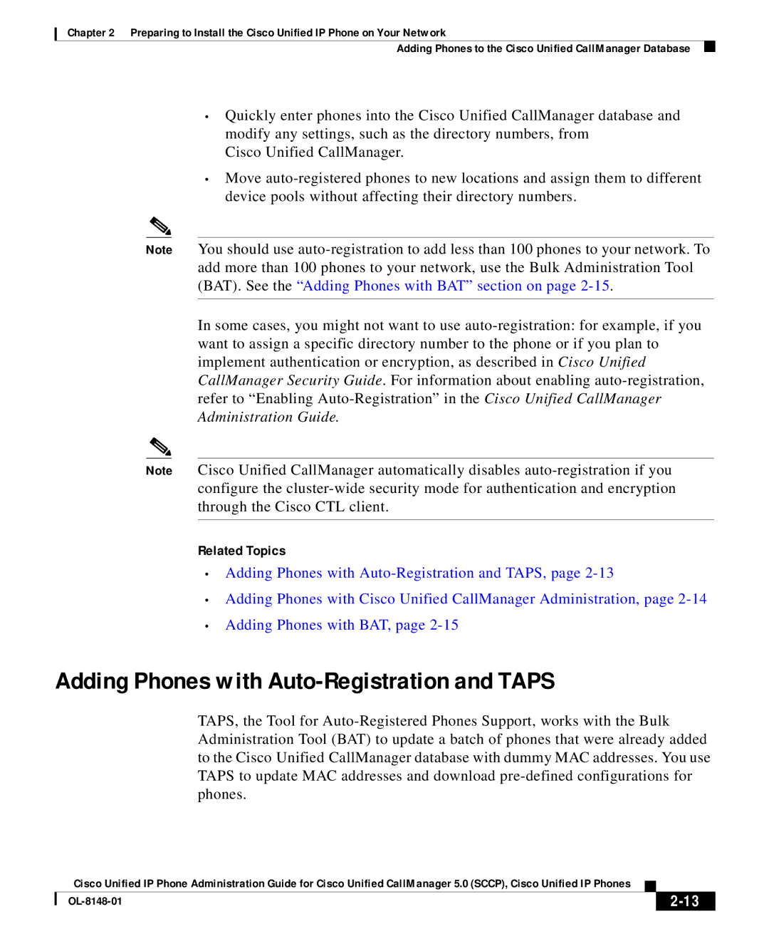 Cisco Systems OL-8148-01 manual Adding Phones with Auto-Registration and Taps 