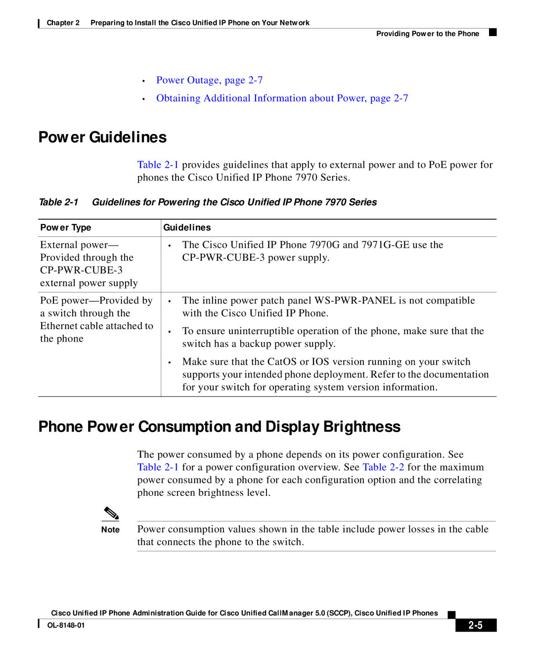 Cisco Systems OL-8148-01 manual Power Guidelines, Phone Power Consumption and Display Brightness, Power Type Guidelines 