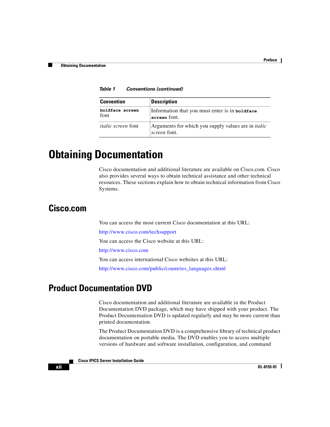 Cisco Systems OL-8155-01 manual Obtaining Documentation, Cisco.com, Product Documentation DVD, Xii 