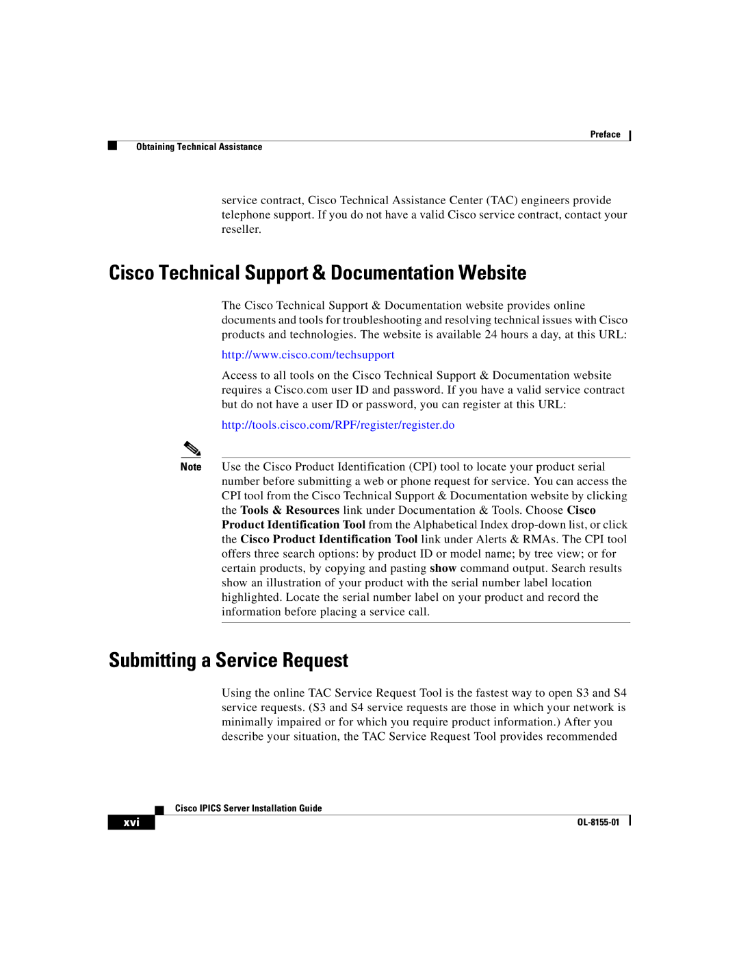 Cisco Systems OL-8155-01 manual Cisco Technical Support & Documentation Website, Submitting a Service Request, Xvi 