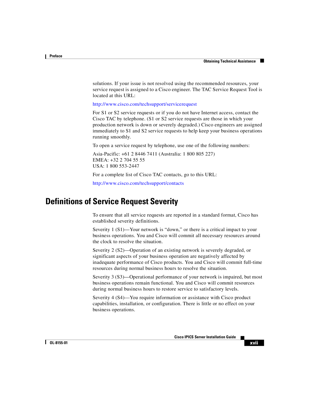 Cisco Systems OL-8155-01 manual Definitions of Service Request Severity, Xvii 