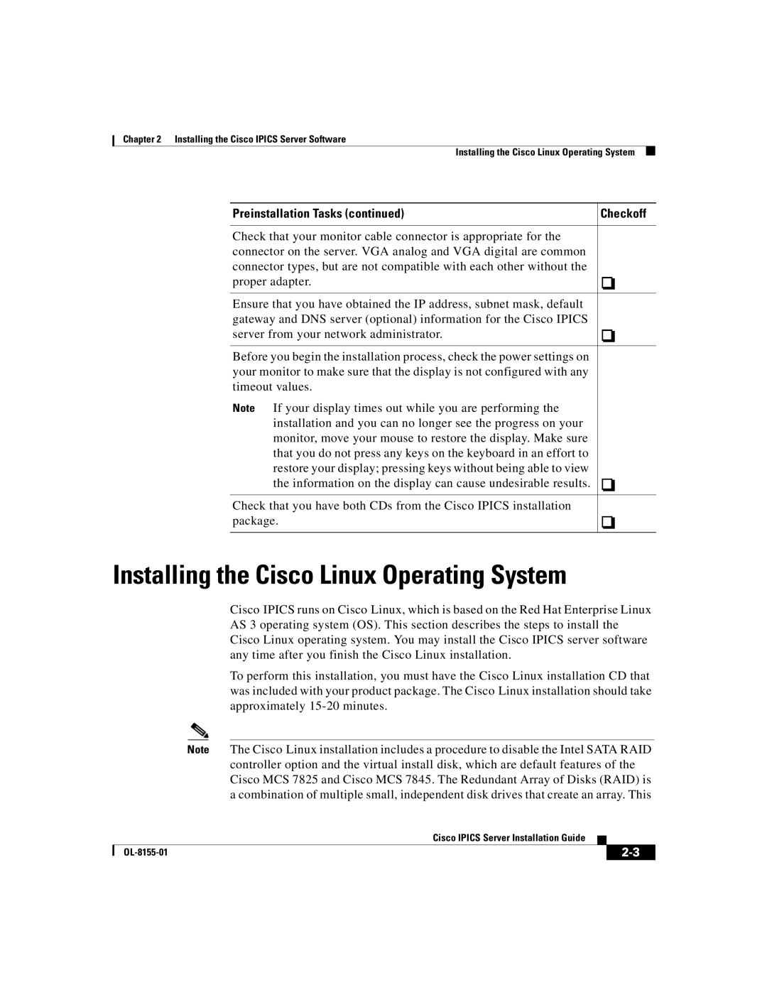 Cisco Systems OL-8155-01 manual Installing the Cisco Linux Operating System 