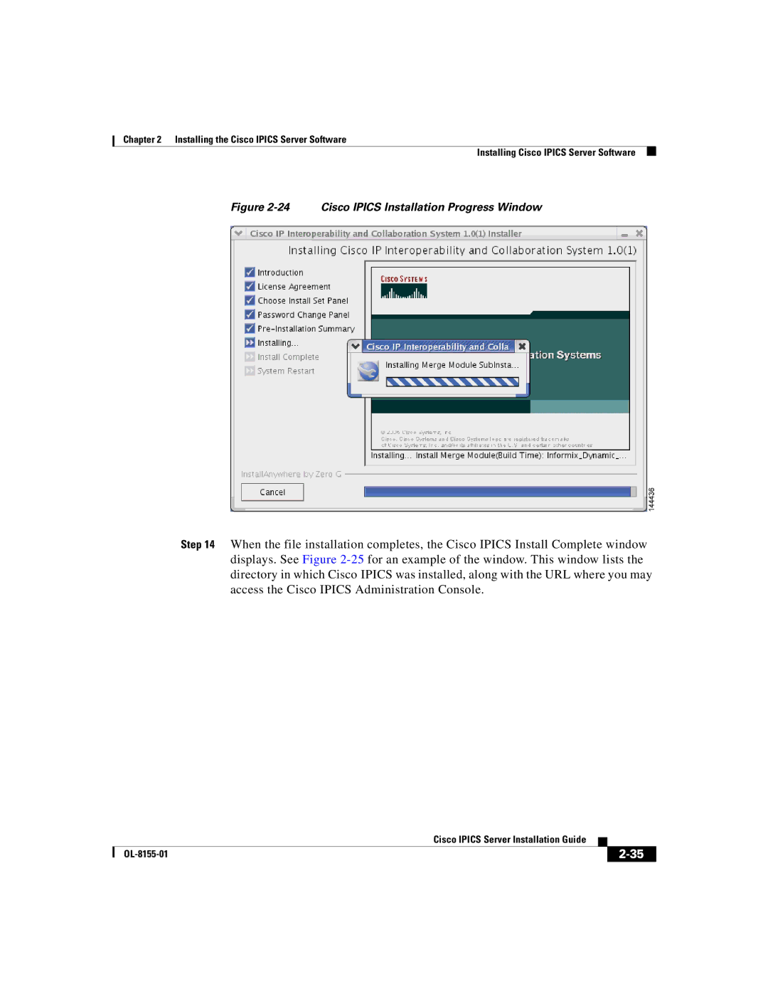 Cisco Systems OL-8155-01 manual Cisco Ipics Installation Progress Window 