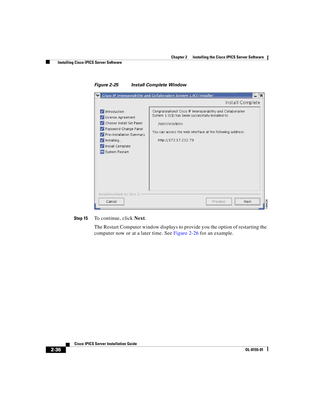 Cisco Systems OL-8155-01 manual Install Complete Window 