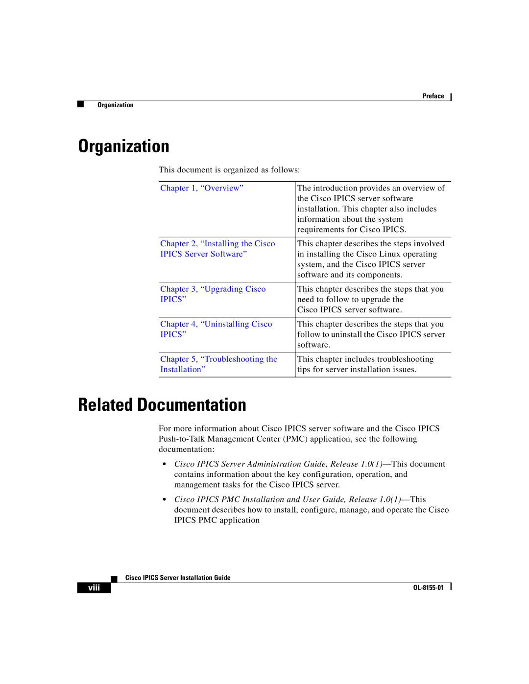 Cisco Systems OL-8155-01 manual Organization, Related Documentation, Viii 