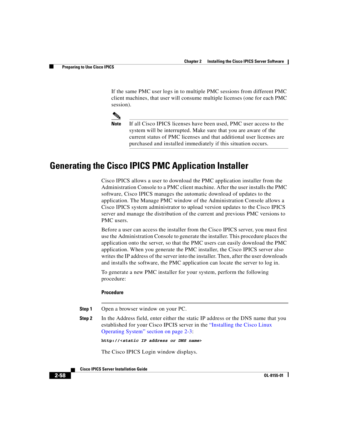 Cisco Systems OL-8155-01 manual Generating the Cisco Ipics PMC Application Installer, Cisco Ipics Login window displays 