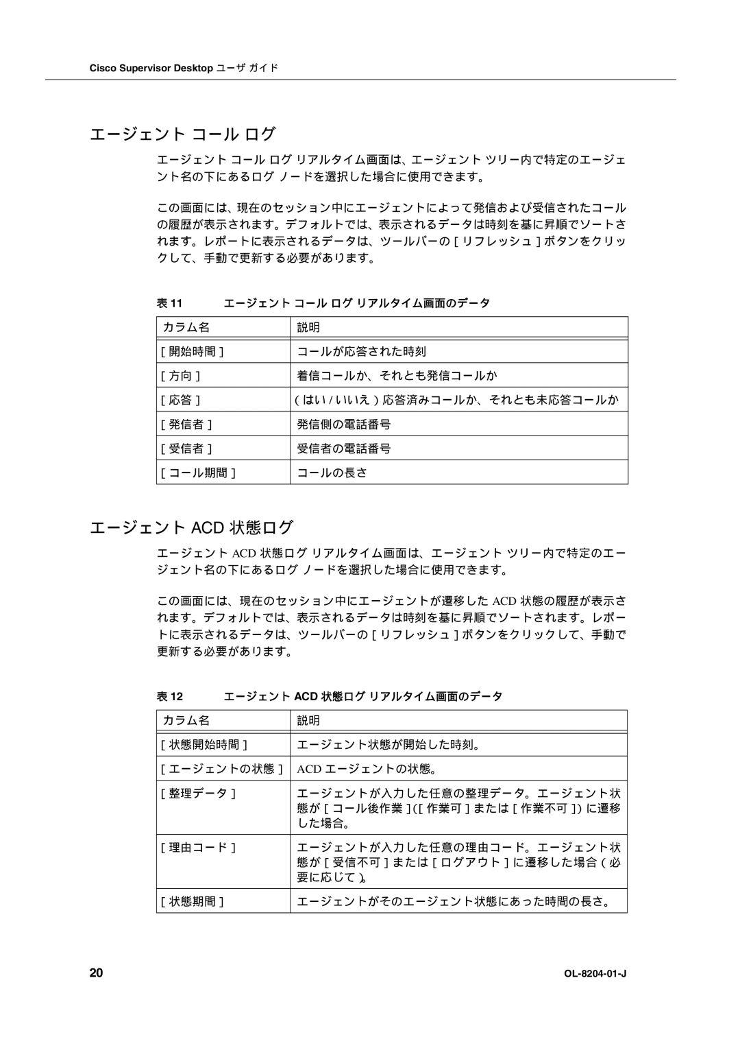 Cisco Systems OL-8204-01-J manual エージェント コール ログ, エージェント Acd 状態ログ 