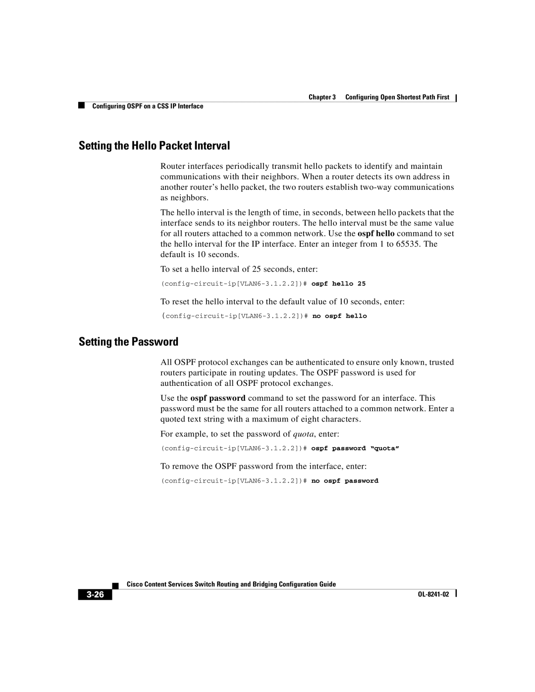 Cisco Systems OL-8241-02 manual Setting the Hello Packet Interval, Setting the Password 