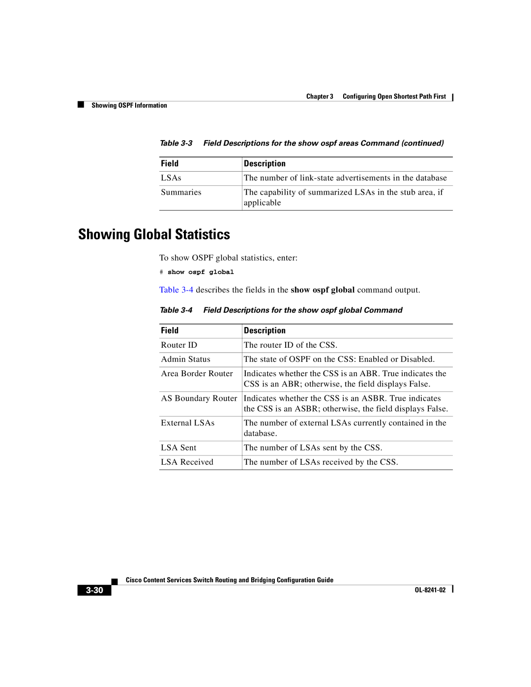 Cisco Systems OL-8241-02 manual Showing Global Statistics, To show Ospf global statistics, enter 