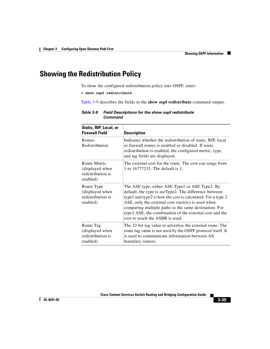 Cisco Systems OL-8241-02 manual Showing the Redistribution Policy, Firewall Field Description 