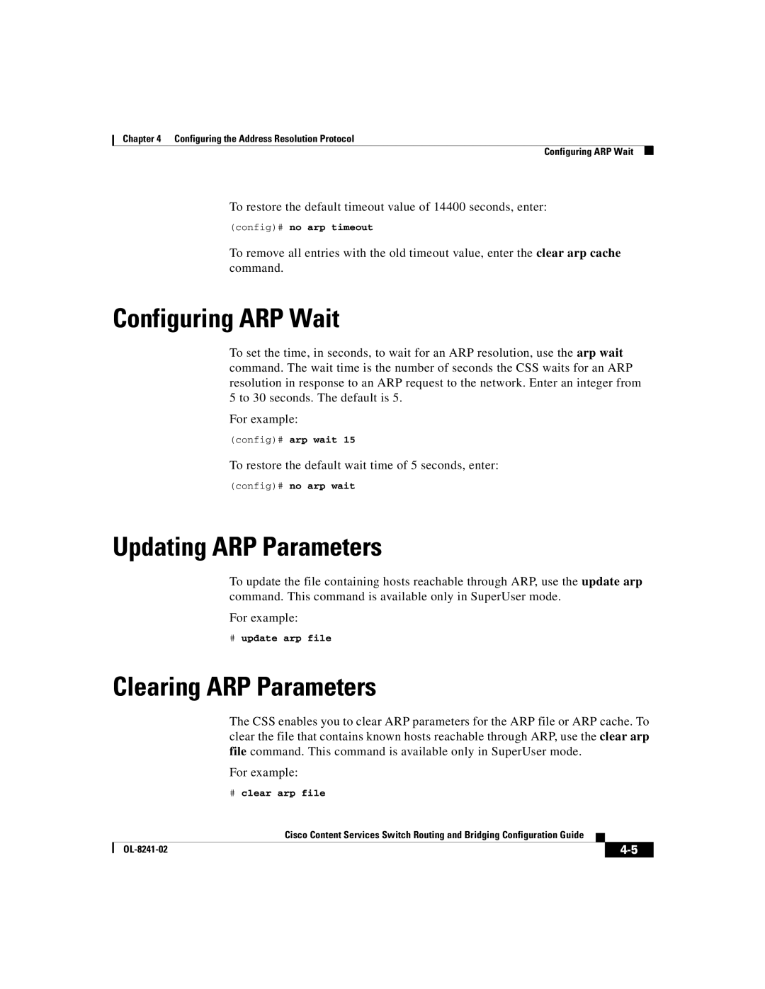 Cisco Systems OL-8241-02 manual Configuring ARP Wait, Updating ARP Parameters, Clearing ARP Parameters 