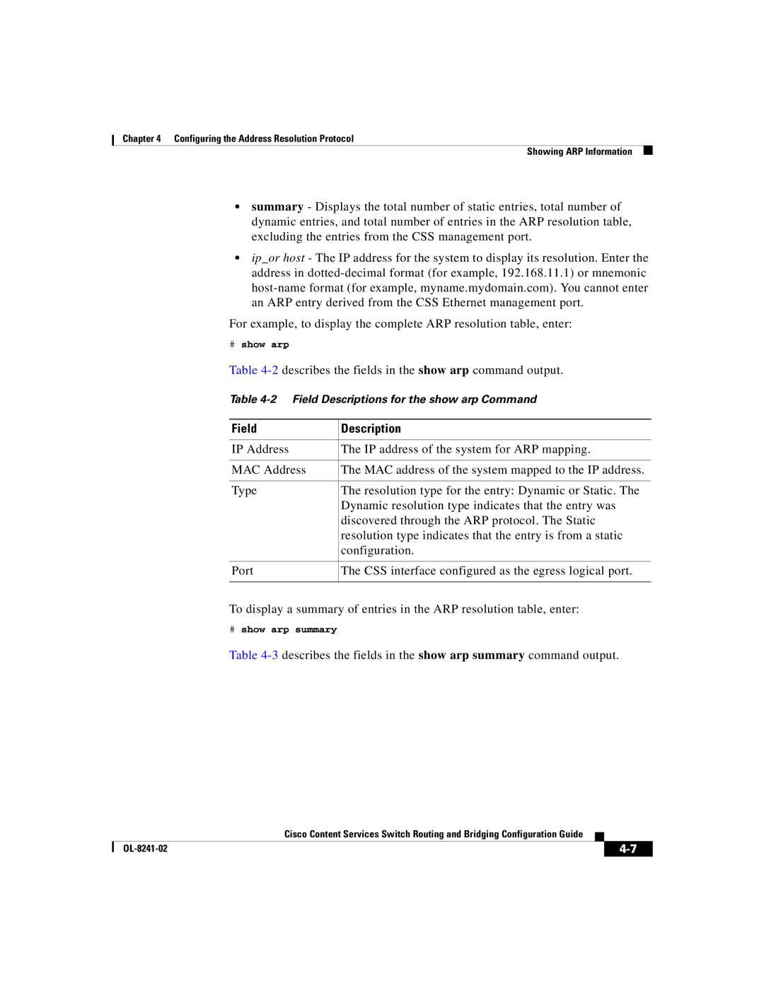 Cisco Systems OL-8241-02 manual 2describes the fields in the show arp command output, # show arp summary 