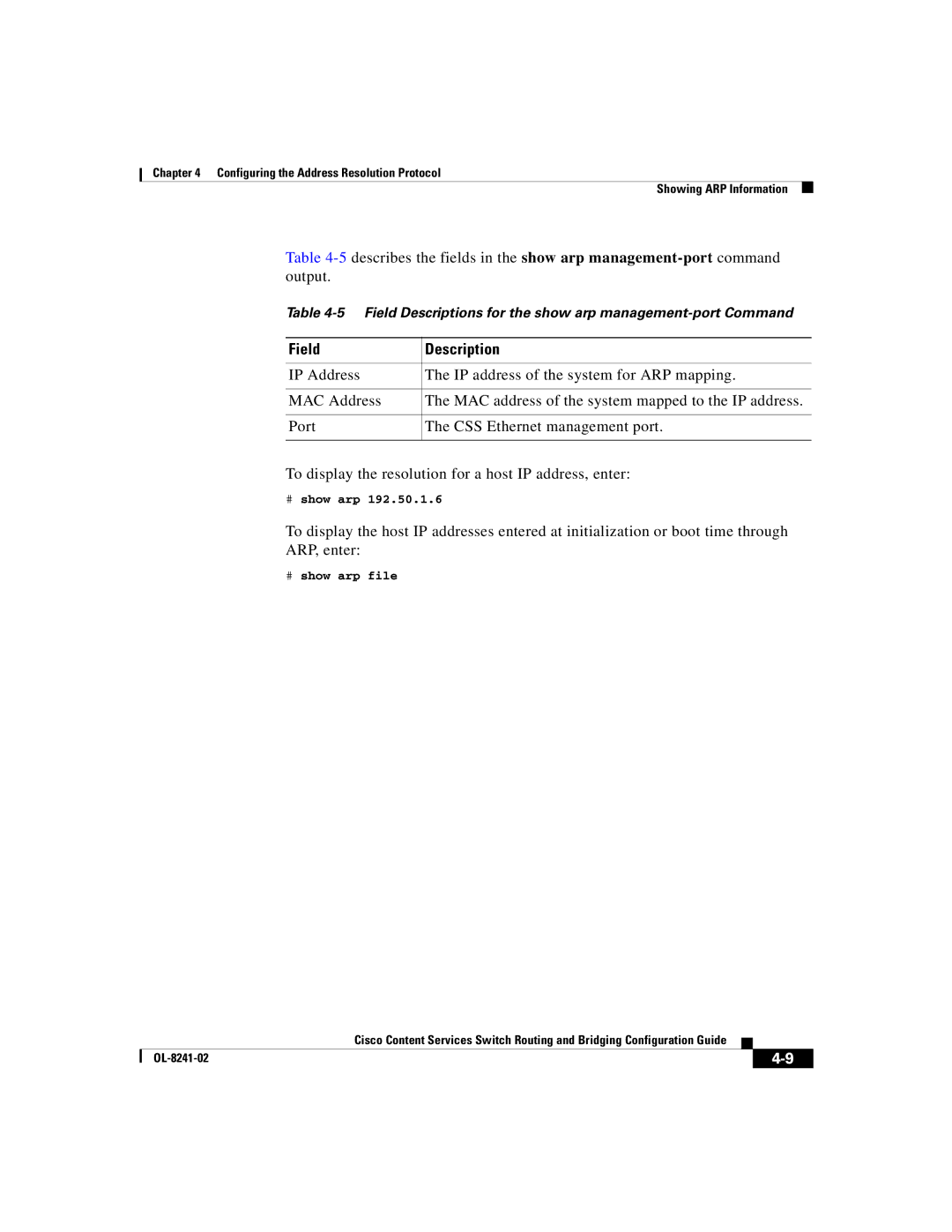 Cisco Systems OL-8241-02 manual Field Descriptions for the show arp management-port Command 