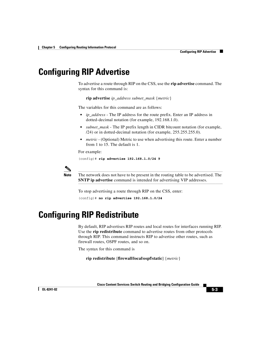 Cisco Systems OL-8241-02 Configuring RIP Advertise, Configuring RIP Redistribute, Config# no rip advertise 192.168.1.0/24 