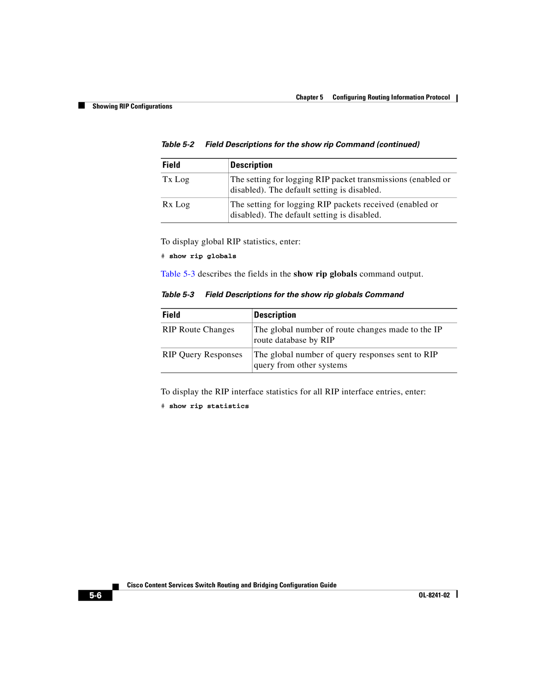 Cisco Systems OL-8241-02 manual 3describes the fields in the show rip globals command output 