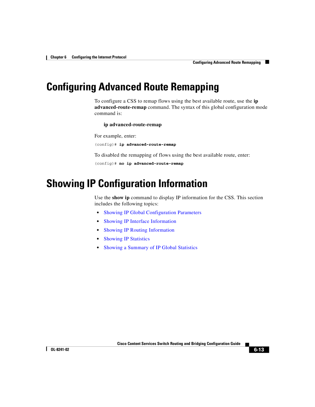 Cisco Systems OL-8241-02 manual Configuring Advanced Route Remapping, Showing IP Configuration Information 