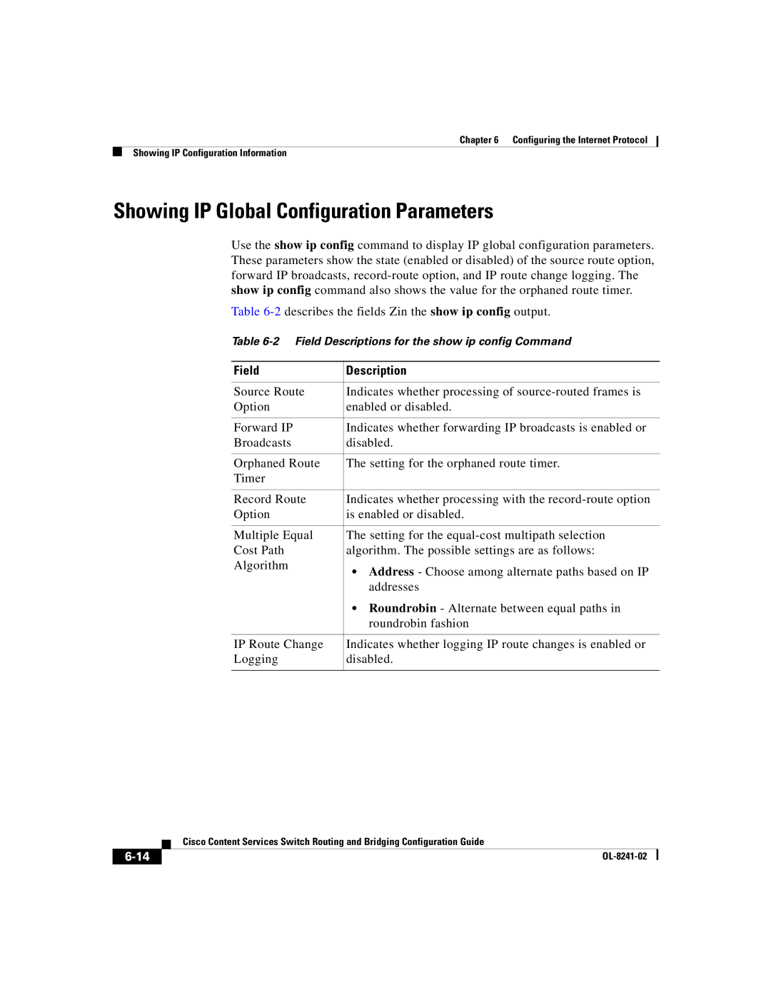 Cisco Systems OL-8241-02 manual Showing IP Global Configuration Parameters 