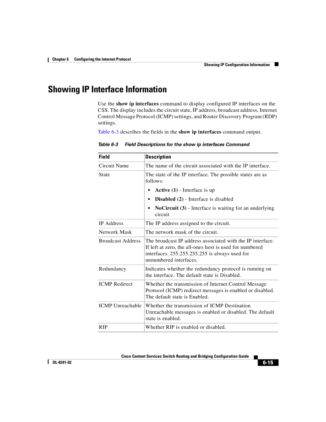 Cisco Systems OL-8241-02 manual Showing IP Interface Information, Whether RIP is enabled or disabled 