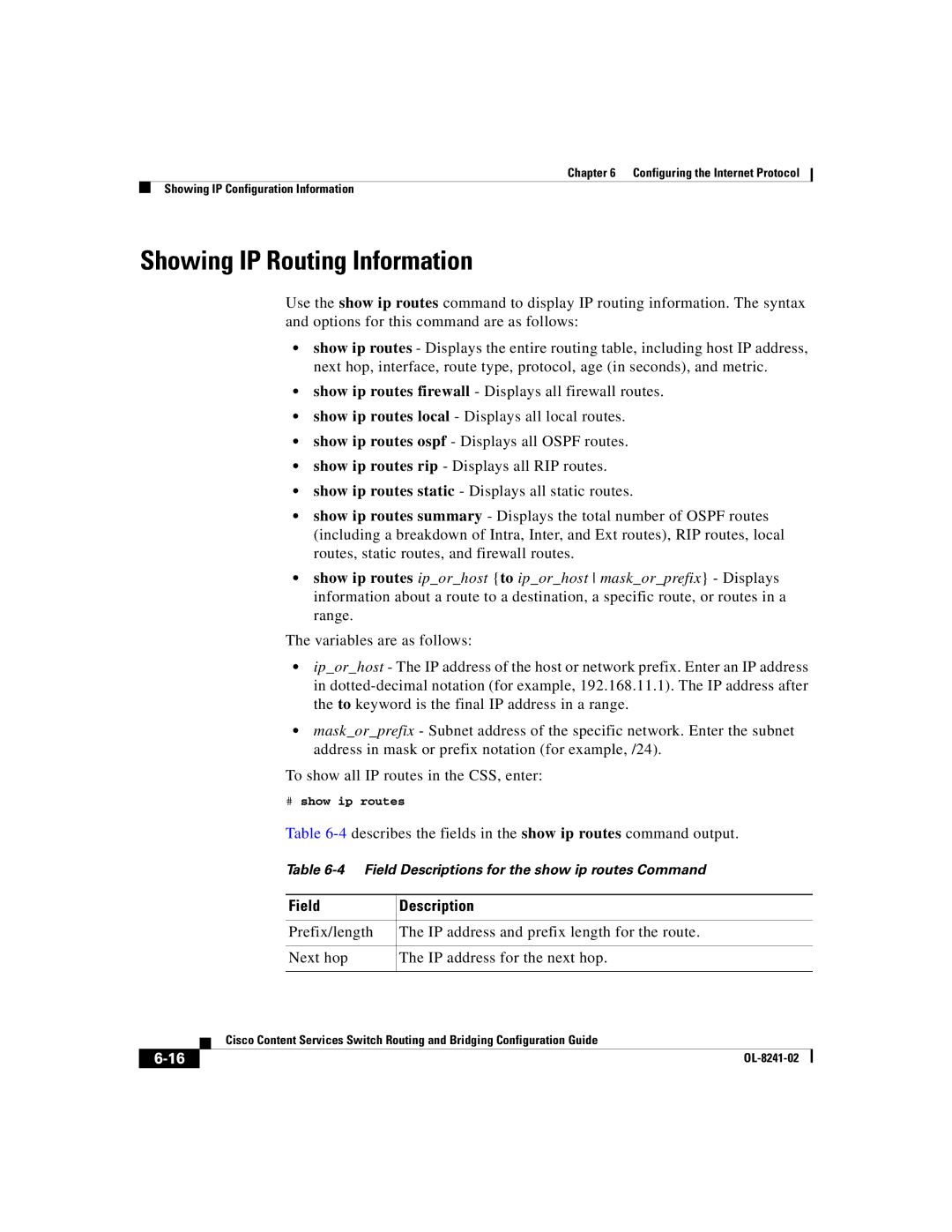 Cisco Systems OL-8241-02 manual Showing IP Routing Information, 4describes the fields in the show ip routes command output 