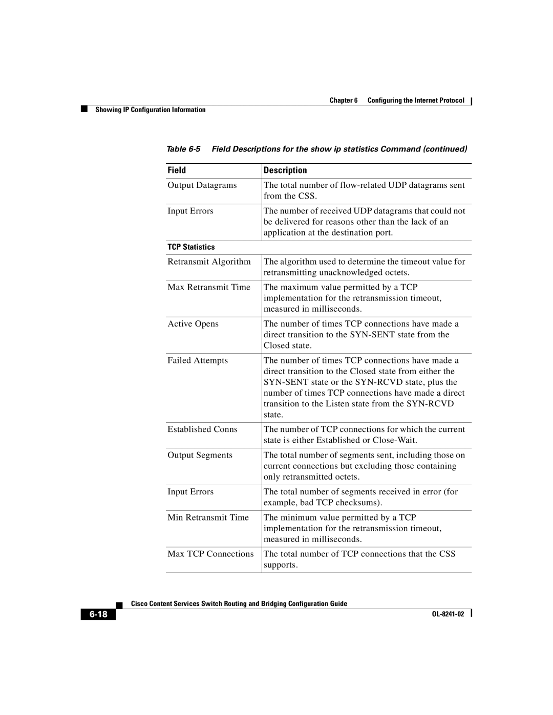 Cisco Systems OL-8241-02 manual TCP Statistics 