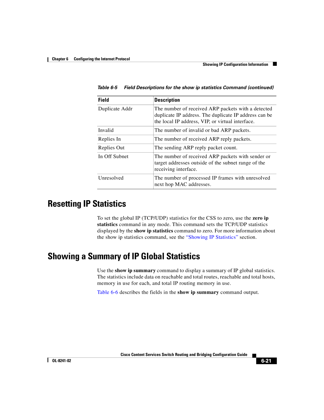 Cisco Systems OL-8241-02 manual Resetting IP Statistics, Showing a Summary of IP Global Statistics 