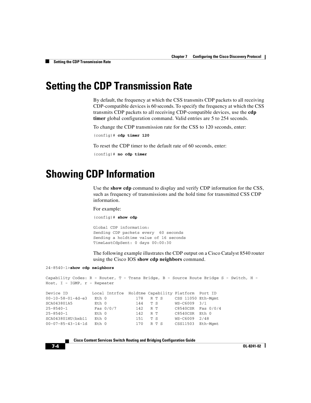 Cisco Systems OL-8241-02 manual Setting the CDP Transmission Rate, Showing CDP Information, Config# no cdp timer 