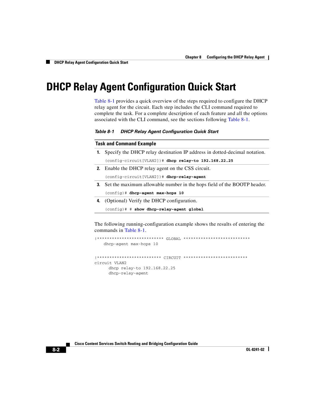 Cisco Systems OL-8241-02 manual Dhcp Relay Agent Configuration Quick Start, Enable the Dhcp relay agent on the CSS circuit 