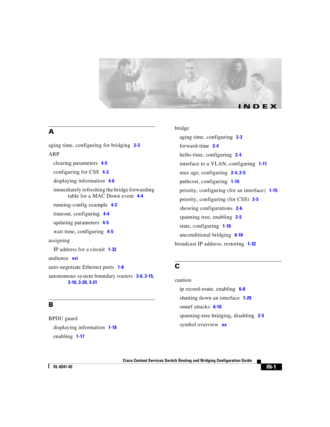 Cisco Systems OL-8241-02 manual Aging time, configuring for bridging, Bpdu guard Displaying information Enabling, IN-1 