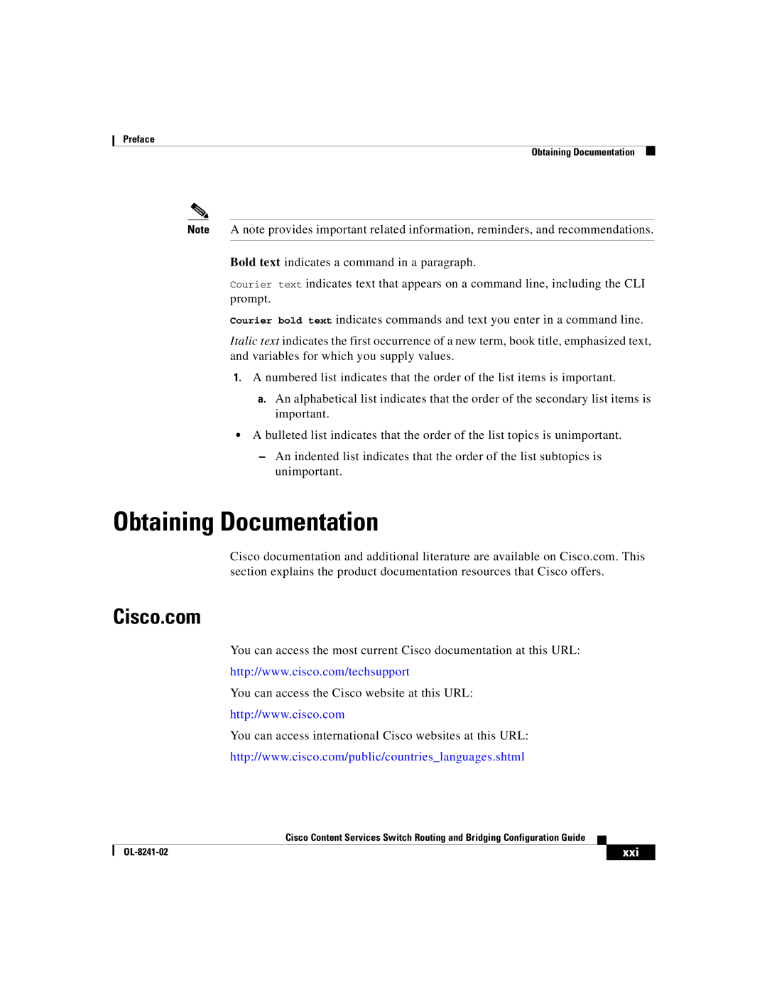 Cisco Systems OL-8241-02 manual Obtaining Documentation, Cisco.com, Xxi 