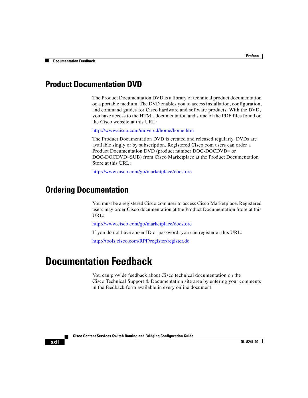 Cisco Systems OL-8241-02 manual Documentation Feedback, Product Documentation DVD Ordering Documentation, Xxii 