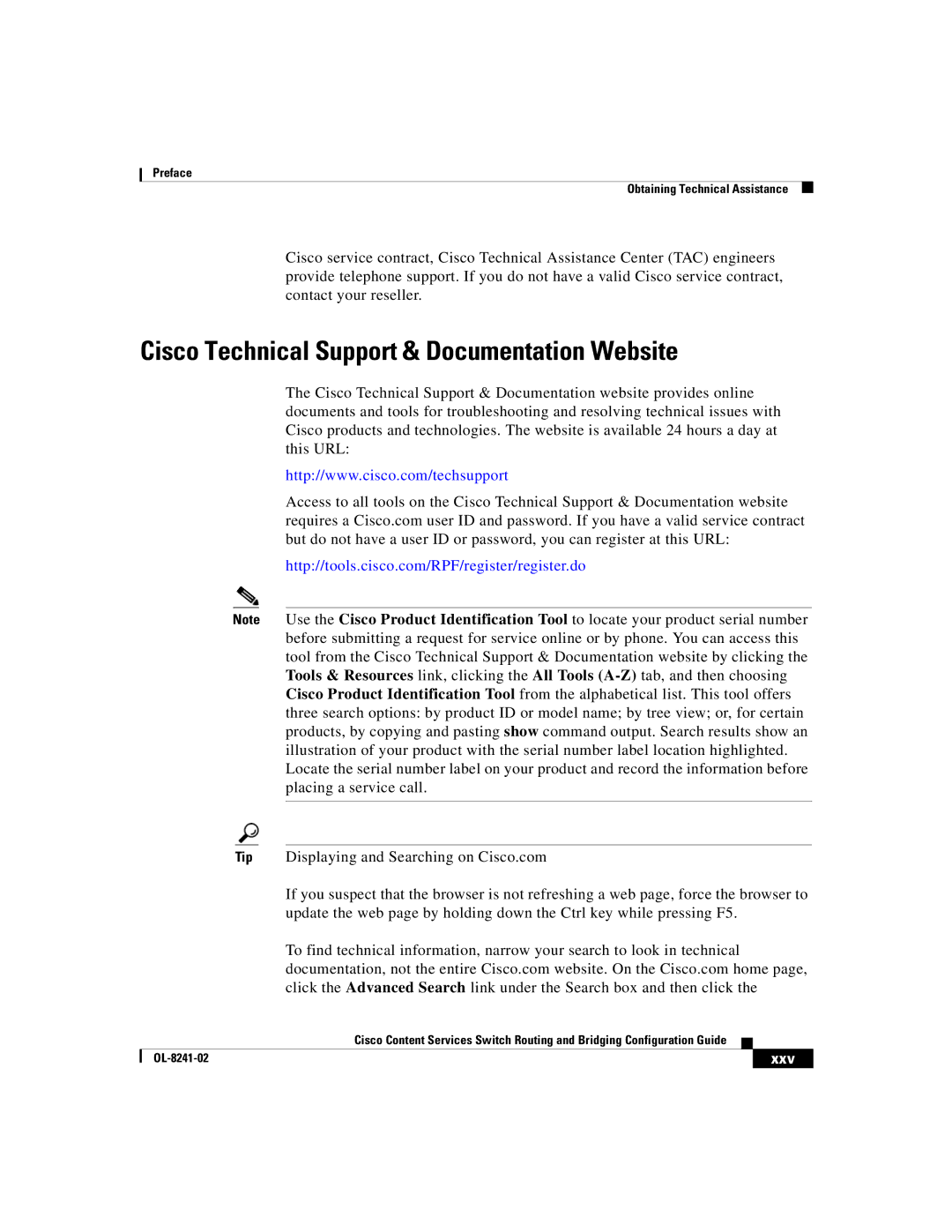 Cisco Systems OL-8241-02 manual Cisco Technical Support & Documentation Website, Xxv 