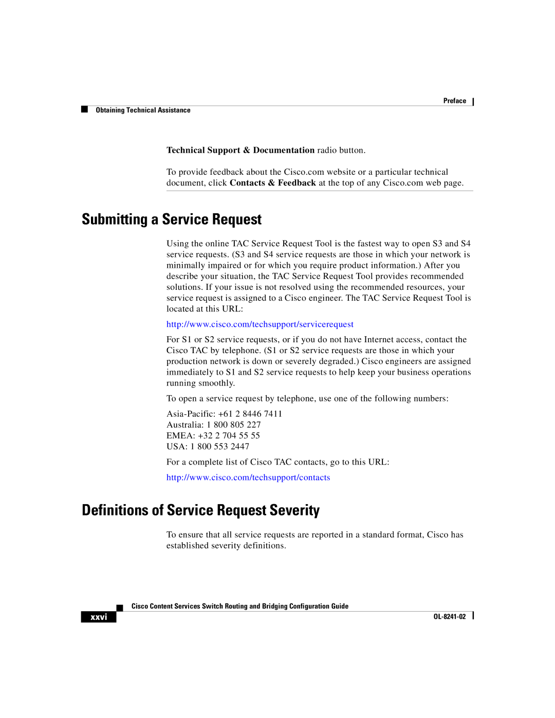 Cisco Systems OL-8241-02 manual Submitting a Service Request, Definitions of Service Request Severity, Xxvi 