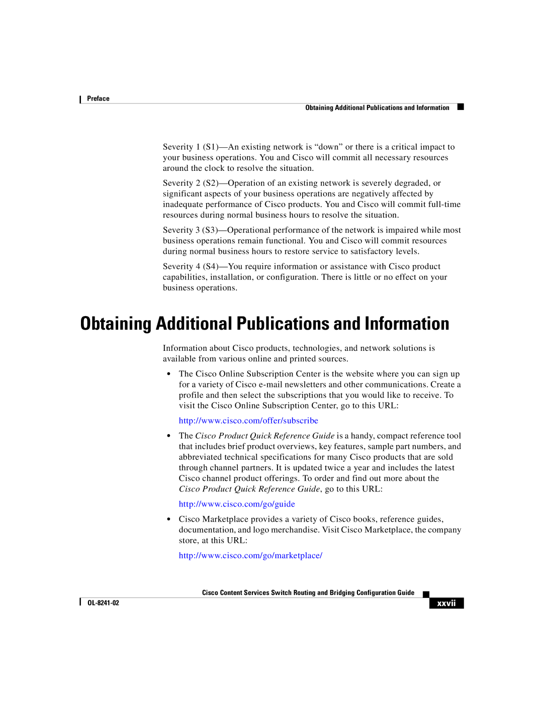 Cisco Systems OL-8241-02 manual Obtaining Additional Publications and Information, Xxvii 